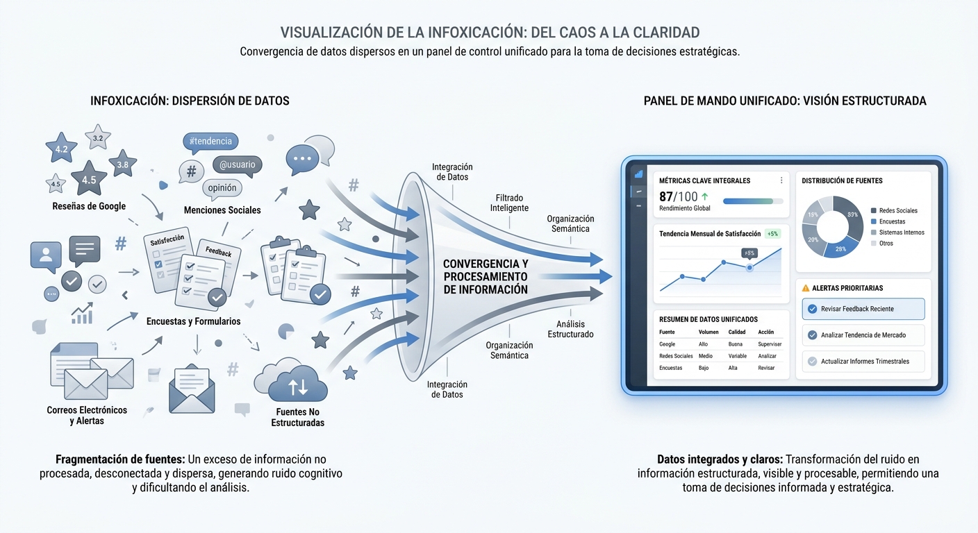 Infografía sobre infoxicación y centralización de datos en un dashboard de reputación