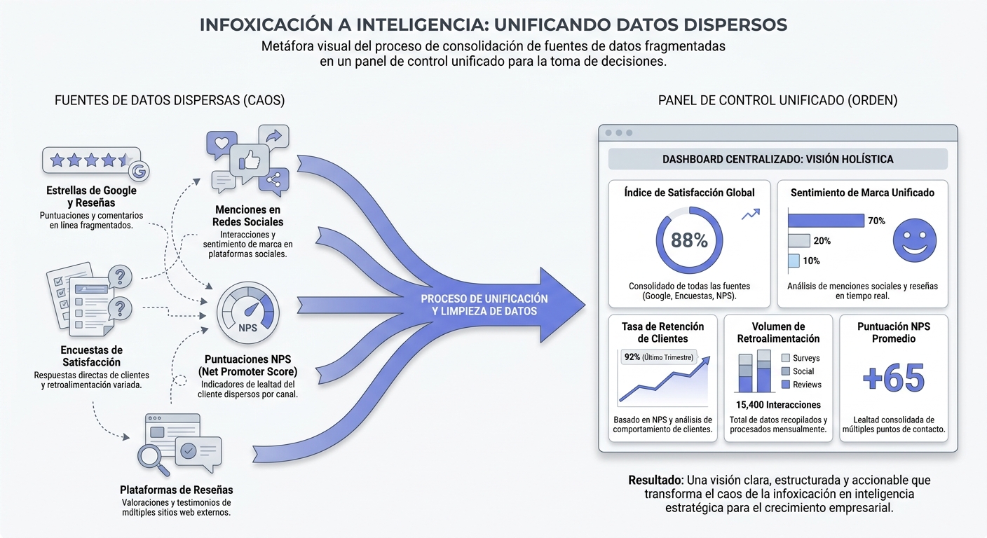 Infografía sobre infoxicación y centralización de datos en un dashboard de reputación unificado