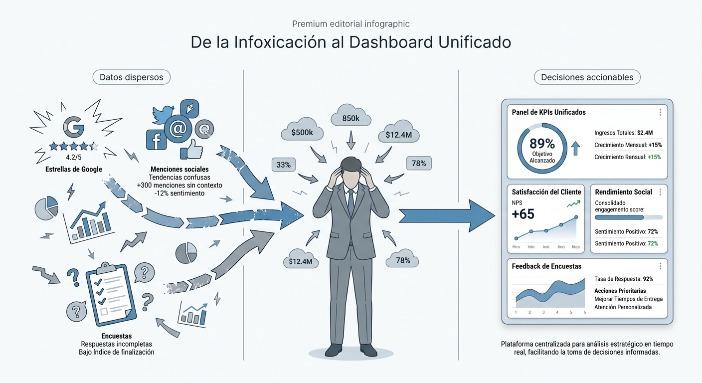 Infografía sobre la infoxicación y la centralización de datos en un dashboard de reputación unificado.