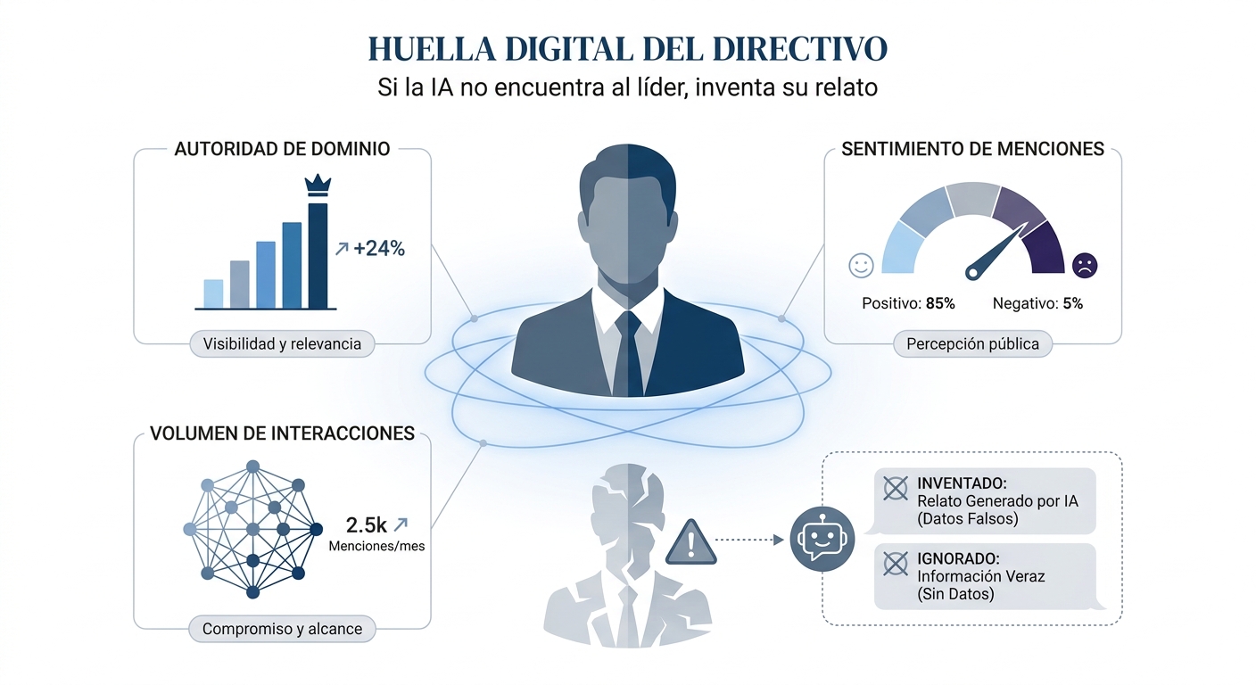 Infografía sobre la huella digital del directivo y el riesgo de la IA generativa en la reputación corporativa.