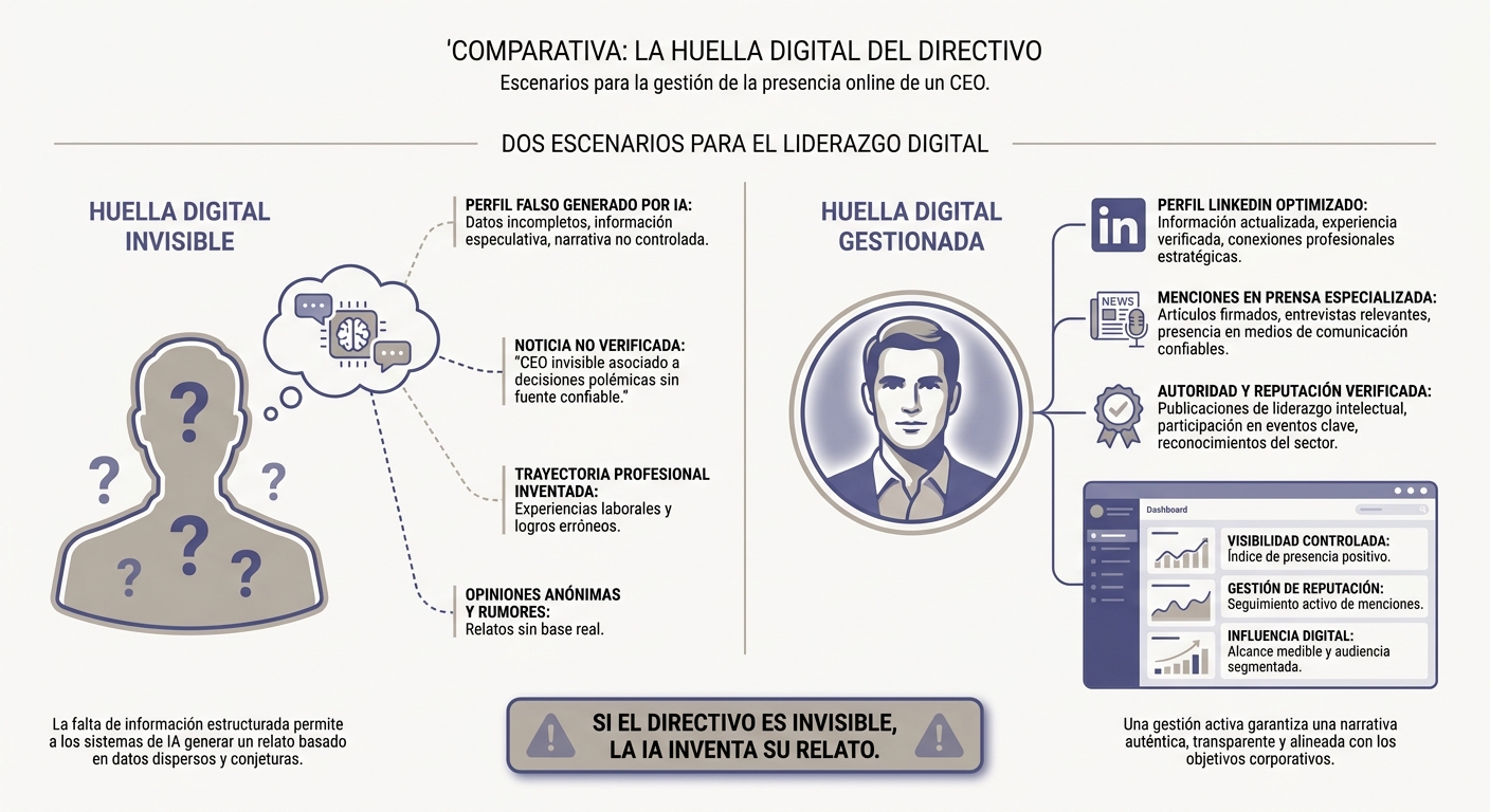 Infografía sobre huella digital del directivo y riesgos de la IA generativa en la reputación corporativa