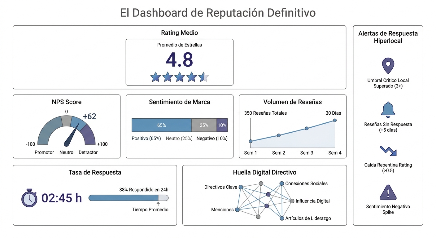 Mockup del dashboard de reputación definitivo con todos los KPIs clave integrados.