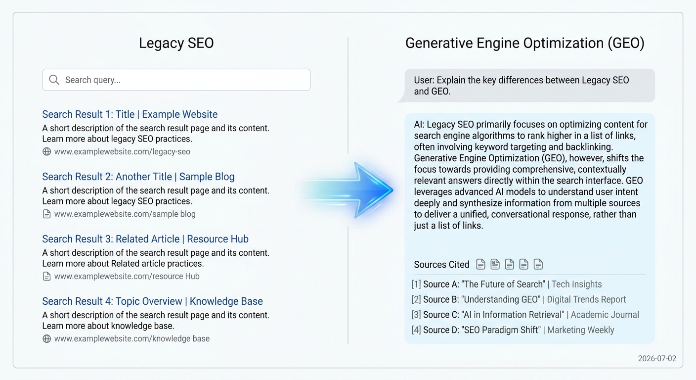 An infographic showing the evolution from traditional SEO with blue links to Generative Engine Optimization with AI-powered answers.