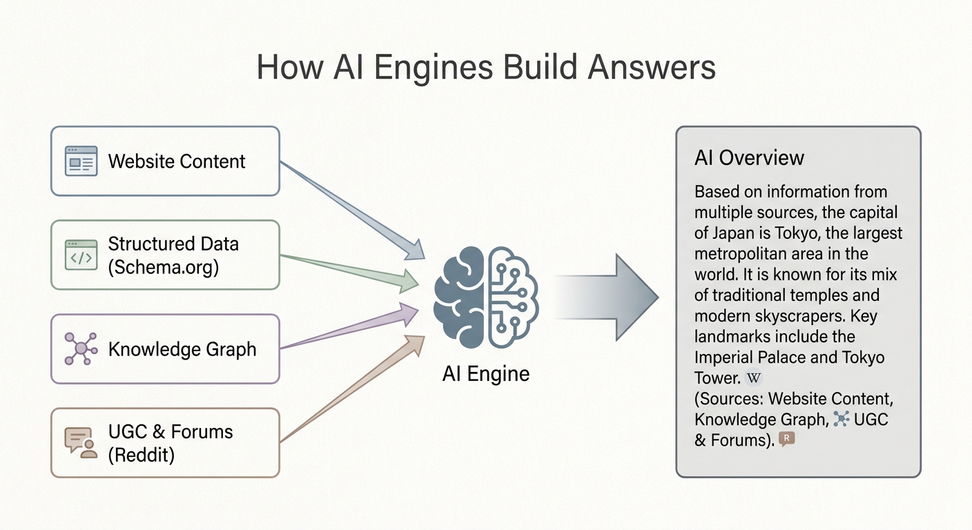 Diagram showing how AI engines synthesize information from websites, knowledge graphs, and user-generated content to create AI Overviews.