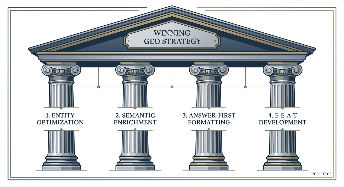 The four pillars of a modern GEO strategy: Entity Optimization, Semantic Enrichment, Answer-First Formatting, and E-E-A-T Development.