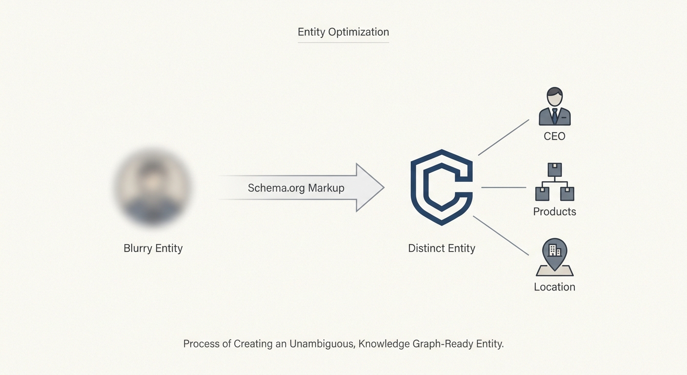 Illustration showing how schema markup transforms an ambiguous brand into a clearly defined entity connected to its key attributes.