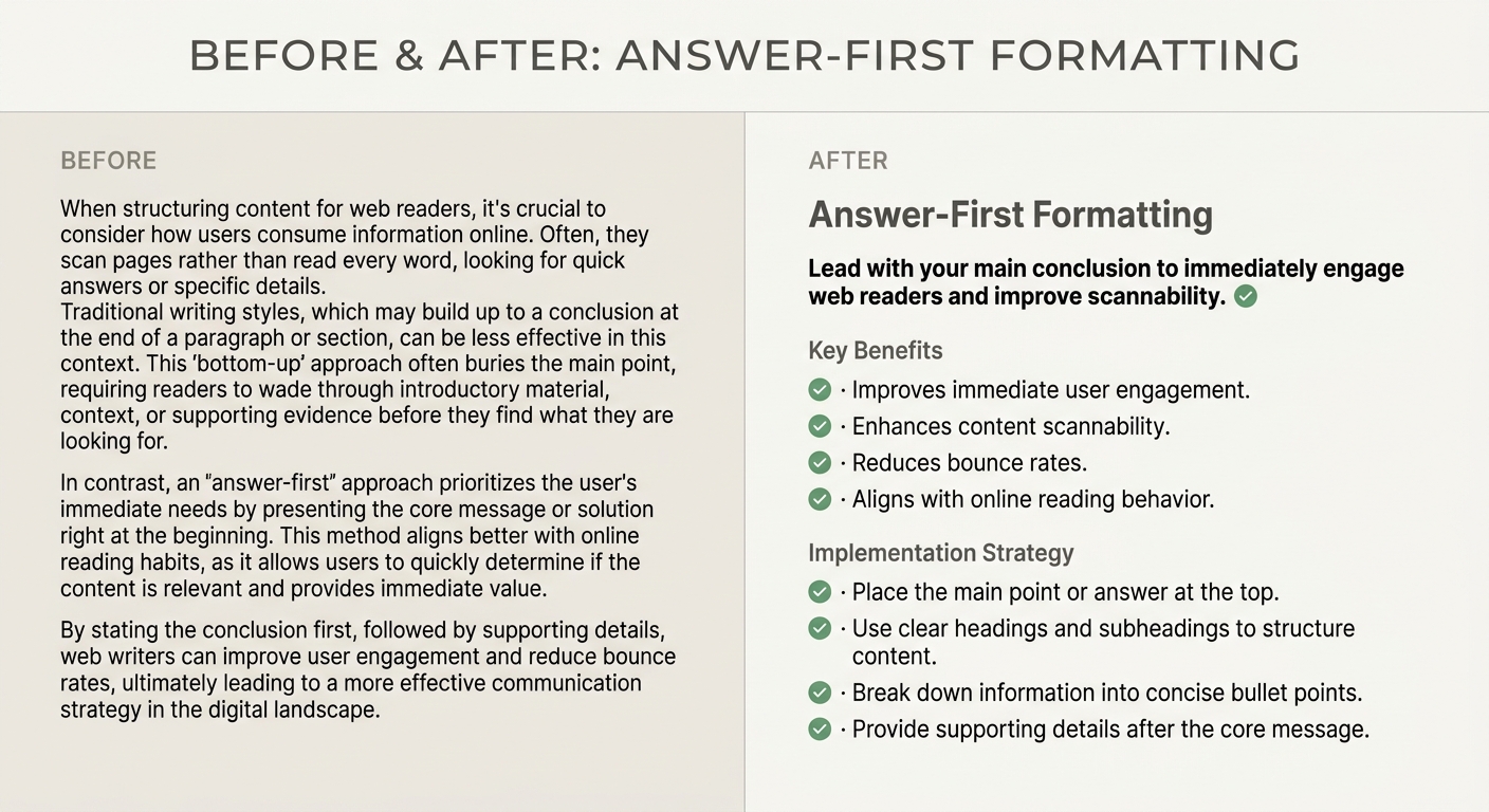 Comparison showing unstructured text versus content organized with answer-first formatting including clear headings and bolded definitions.