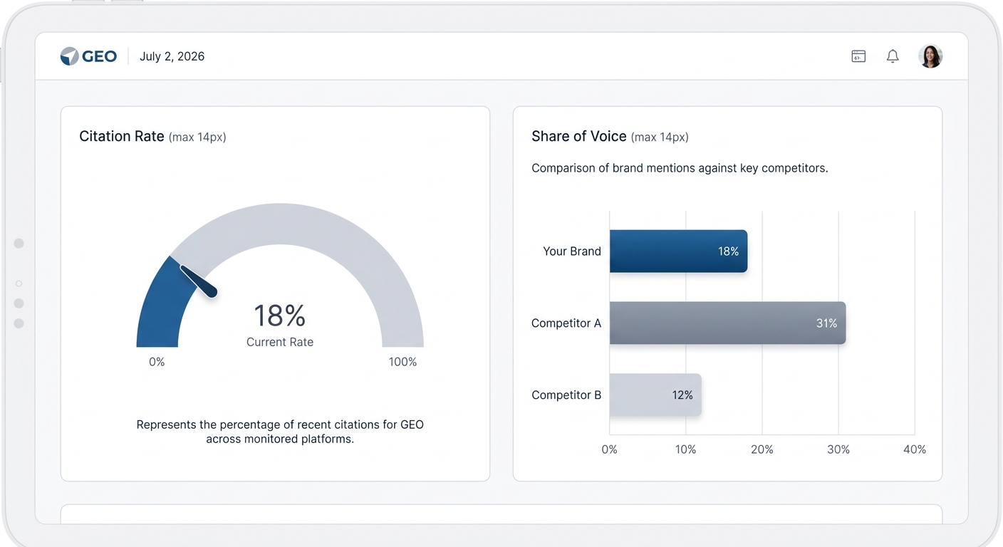 A mock analytics dashboard displaying GEO metrics like Citation Rate and Share of Voice against competitors.