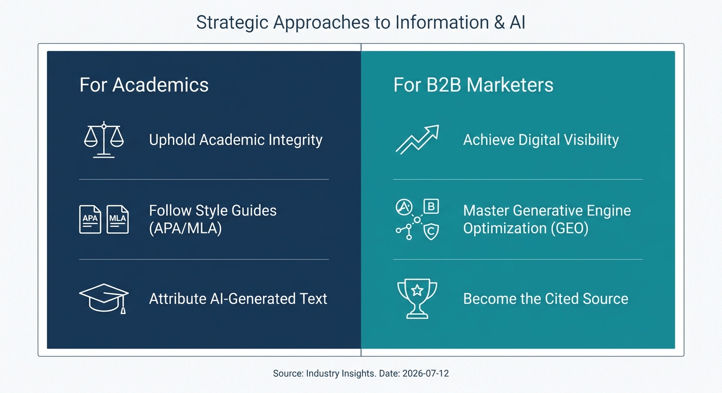 A diagram illustrating the two worlds of AI citations: Academic integrity versus commercial brand visibility.