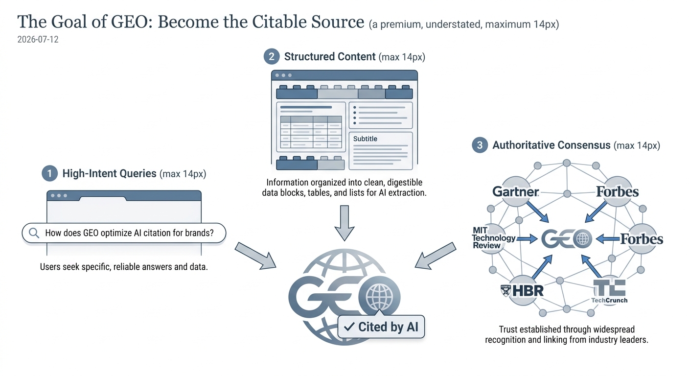 Diagram explaining Generative Engine Optimization (GEO) as a process of using specific queries, structured content, and authority building to get a brand cited by AI.