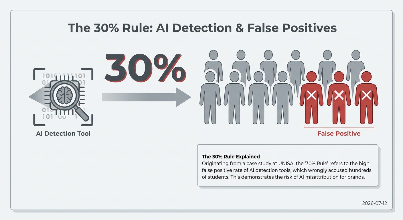 Infographic explaining the '30% Rule' where an AI detection tool had a 30% false positive rate, highlighting the dangers of AI inaccuracy.