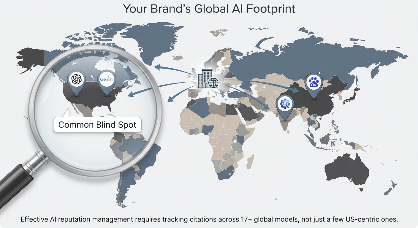 Map of the world showing different AI models in different regions, illustrating the need for global AI citation tracking beyond just US models.