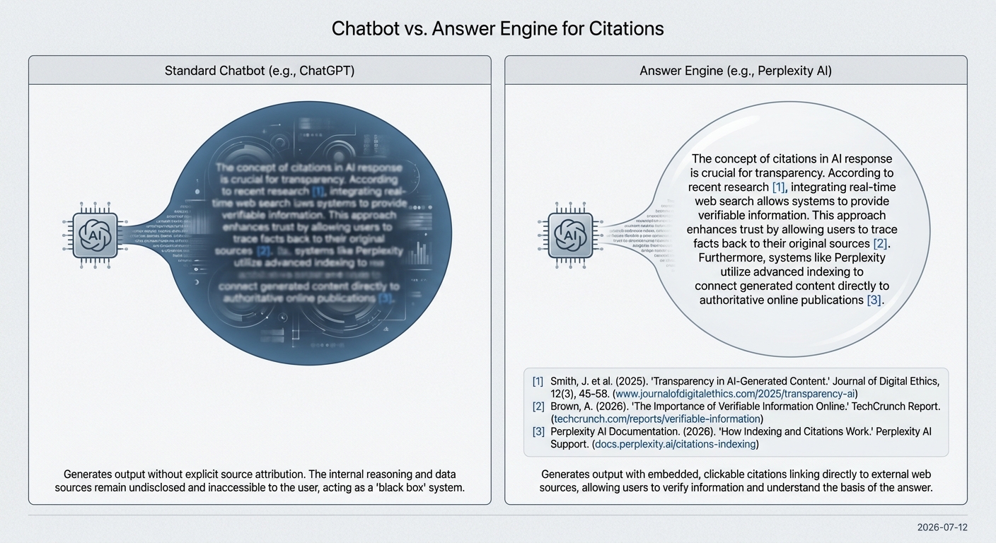Comparison between a standard chatbot that generates text and an answer engine like Perplexity that provides footnoted sources.