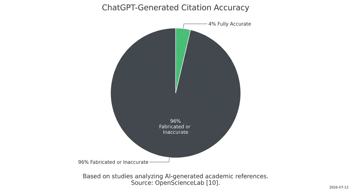A pie chart showing that only about 4% of citations generated by ChatGPT are accurate, with 96% being inaccurate or fabricated.